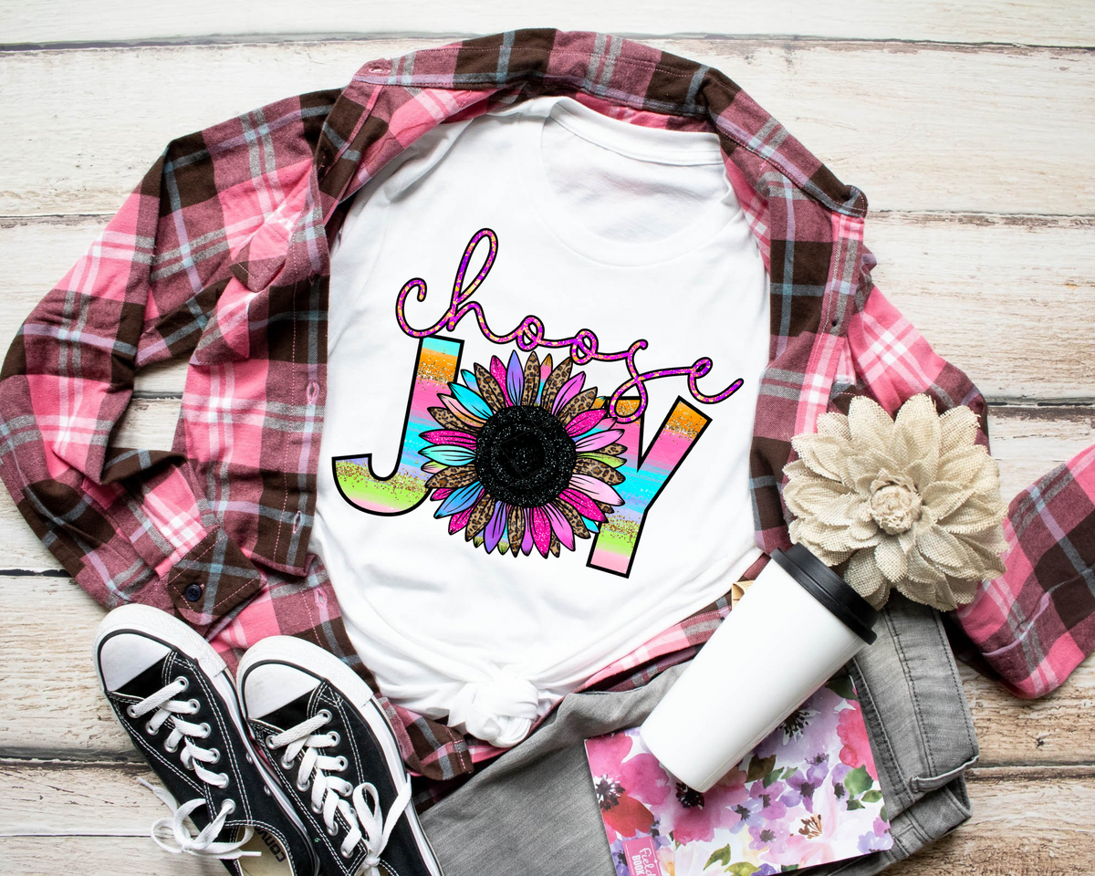 Choose Joy Sunflower Pink Blue Orange Leopard Font 112611 DTF TRANSFER