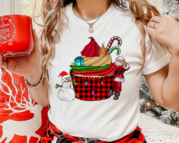 Christmas cupcake with red buffalo plaid, Santa, snowman, candy canes, bright colors 1312 DTF TRANSFER