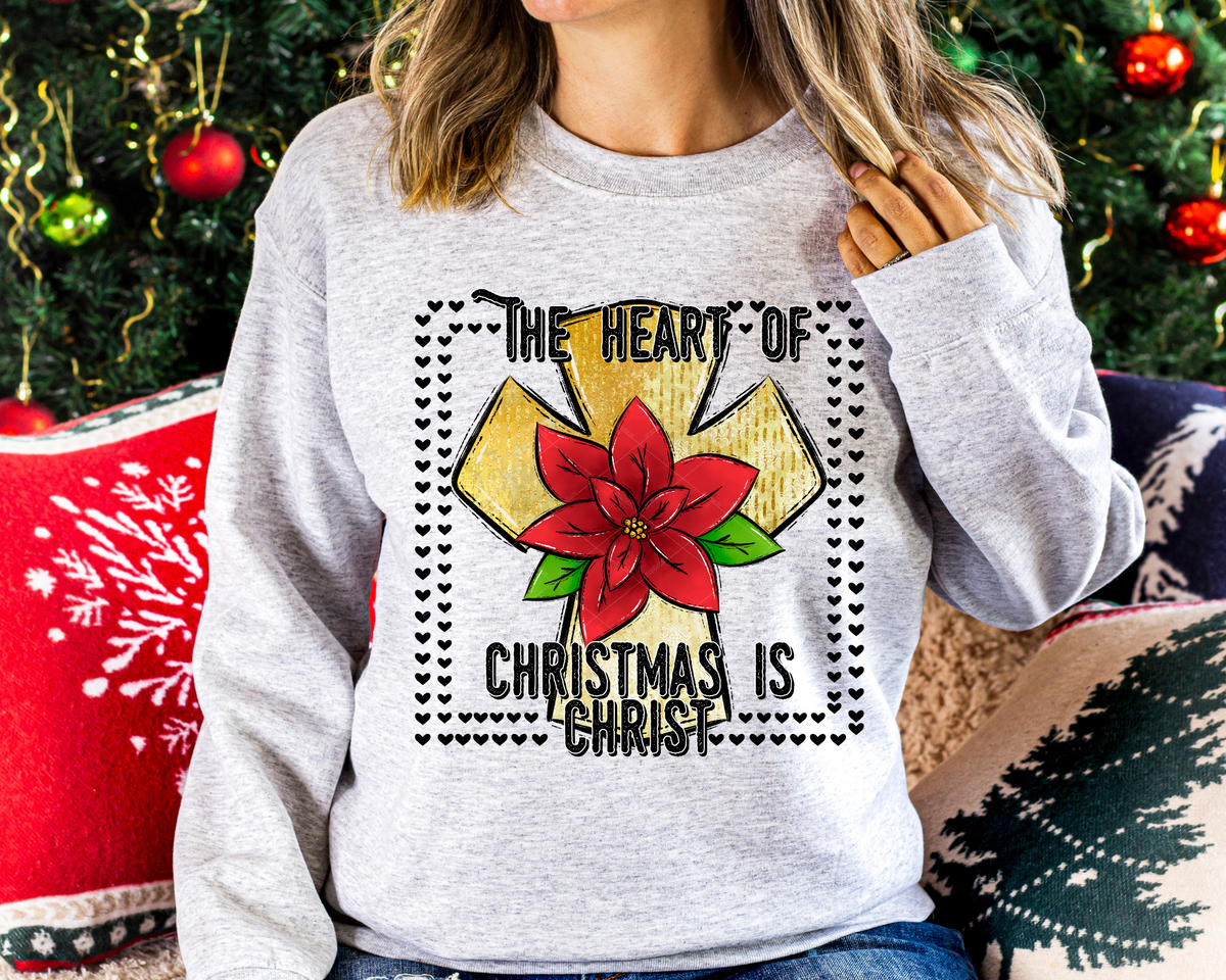 The Heart Of Christmas Is Christ Gold Cross Poinsettia (Black Writing) 112400 DTF TRANSFER