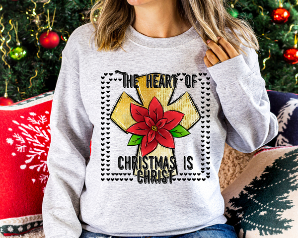The Heart Of Christmas Is Christ Gold Cross Poinsettia (Black Writing) DTF TRANSFER