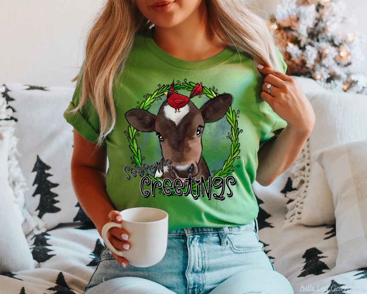 Season Greetings Brown Cow Red Bird With Green Frame (Black White Writing) 112395 DTF TRANSFER