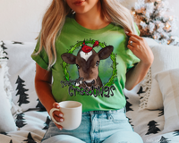 Season Greetings Brown Cow Red Bird With Green Frame (Black White Writing) DTF TRANSFER