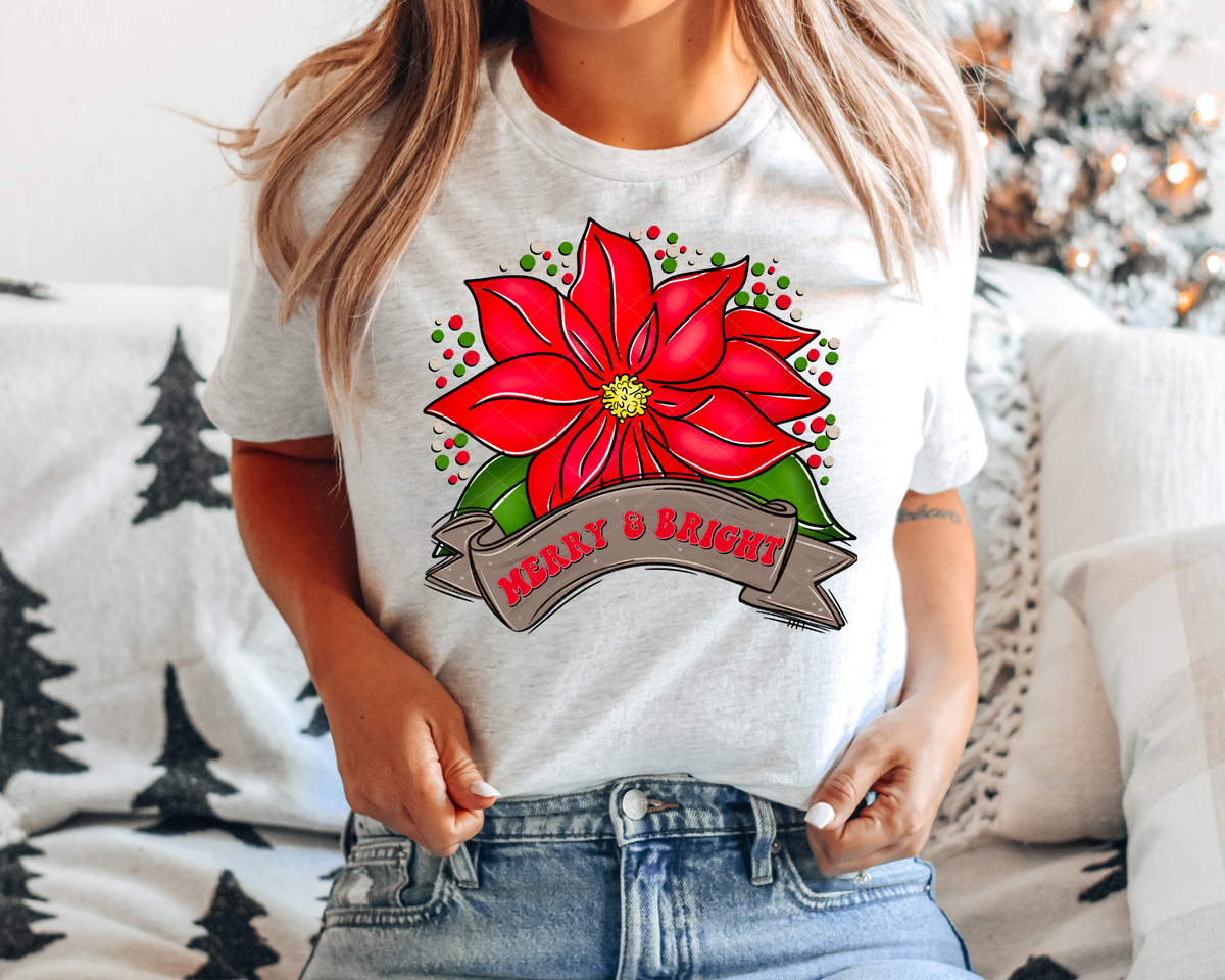 Merry And Bright Poinsettia (Red Writing) 112409 DTF TRANSFER