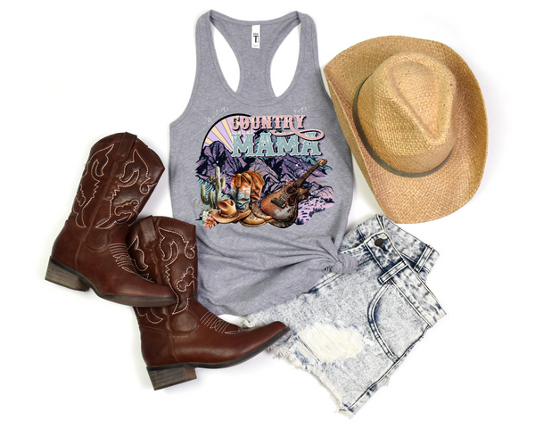 Country Mama (desert purple scene background, cowboy hat, boots, and guitar) 8920 DTF Transfer