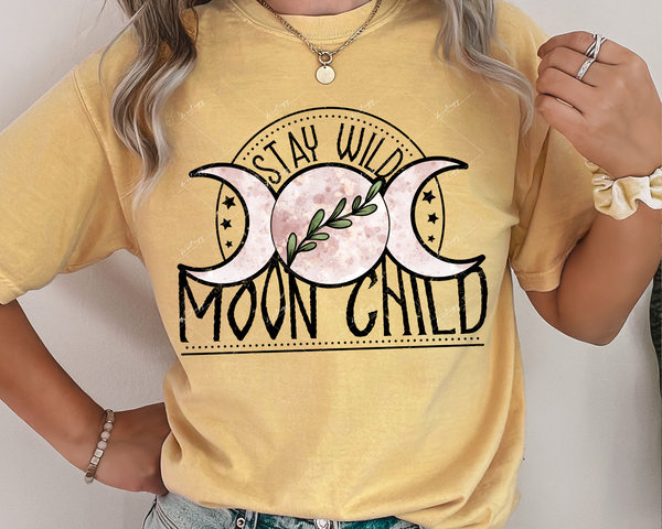 Stay Wild Moon Child (moons, black outline and font, splatter texture fill) 1420 DTF TRANSFER