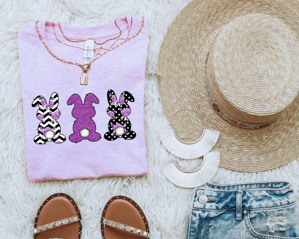 3 purple bunnies, chevron with floral, glitter, black & white polka dots with floral 1260 DTF TRANSFER