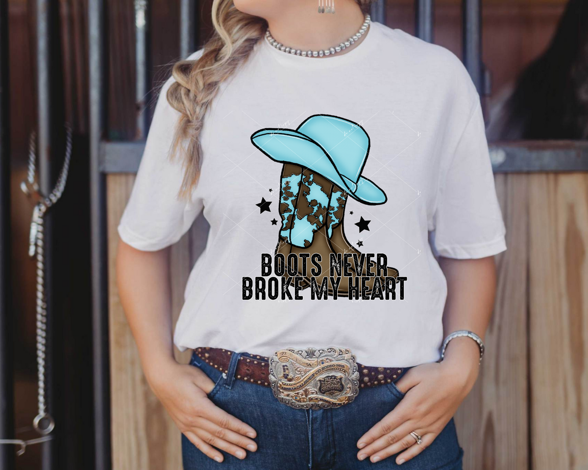 Boots Never Broke My Heart (cowboy boots and cowboy hat, brown and light blue colors, block lettering distressed) 8851 DTF Transfer