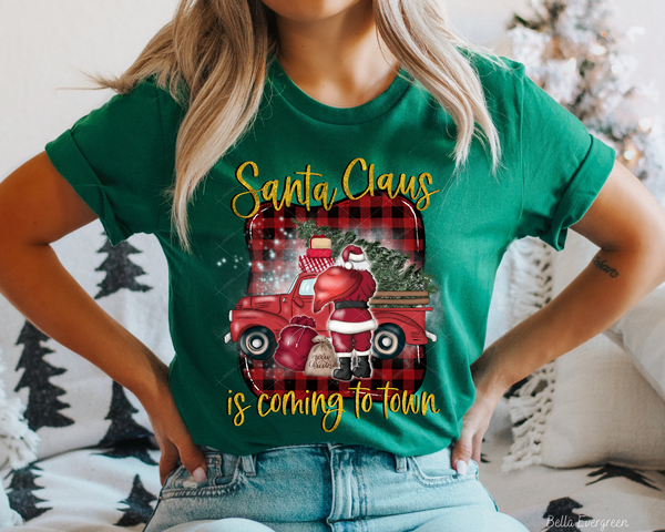 Santa Claus Is Coming To Town Red Truck Santa Claus (Gold Glitter Font) 1001 DTF TRANSFER