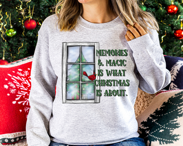 Memories And Magic Is What Christmas Is About Window with Christmas Tree (Green Writing) 1142 DTF TRANSFER