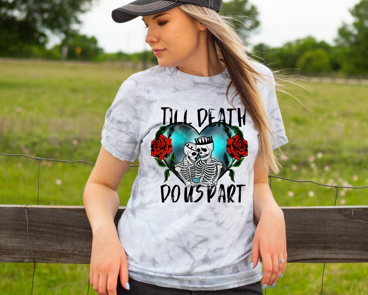 Till Death Do Us Part BLACK font (Blue heart skeleton couple and red roses, black marker lettering) 112760 DTF TRANSFER