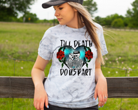 Till Death Do Us Part BLACK font (Blue heart skeleton couple and red roses, black marker lettering) DTF TRANSFER