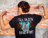 Till Death Do Us Part WHITE font (Blue heart skeleton couple and red roses, white marker lettering) DTF TRANSFER