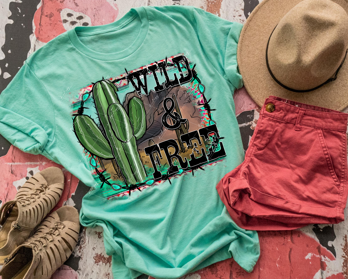 Wild & Free (cactus, rock, barbwire, western pattern background, western black lettering) 1906 DTF TRANSFER