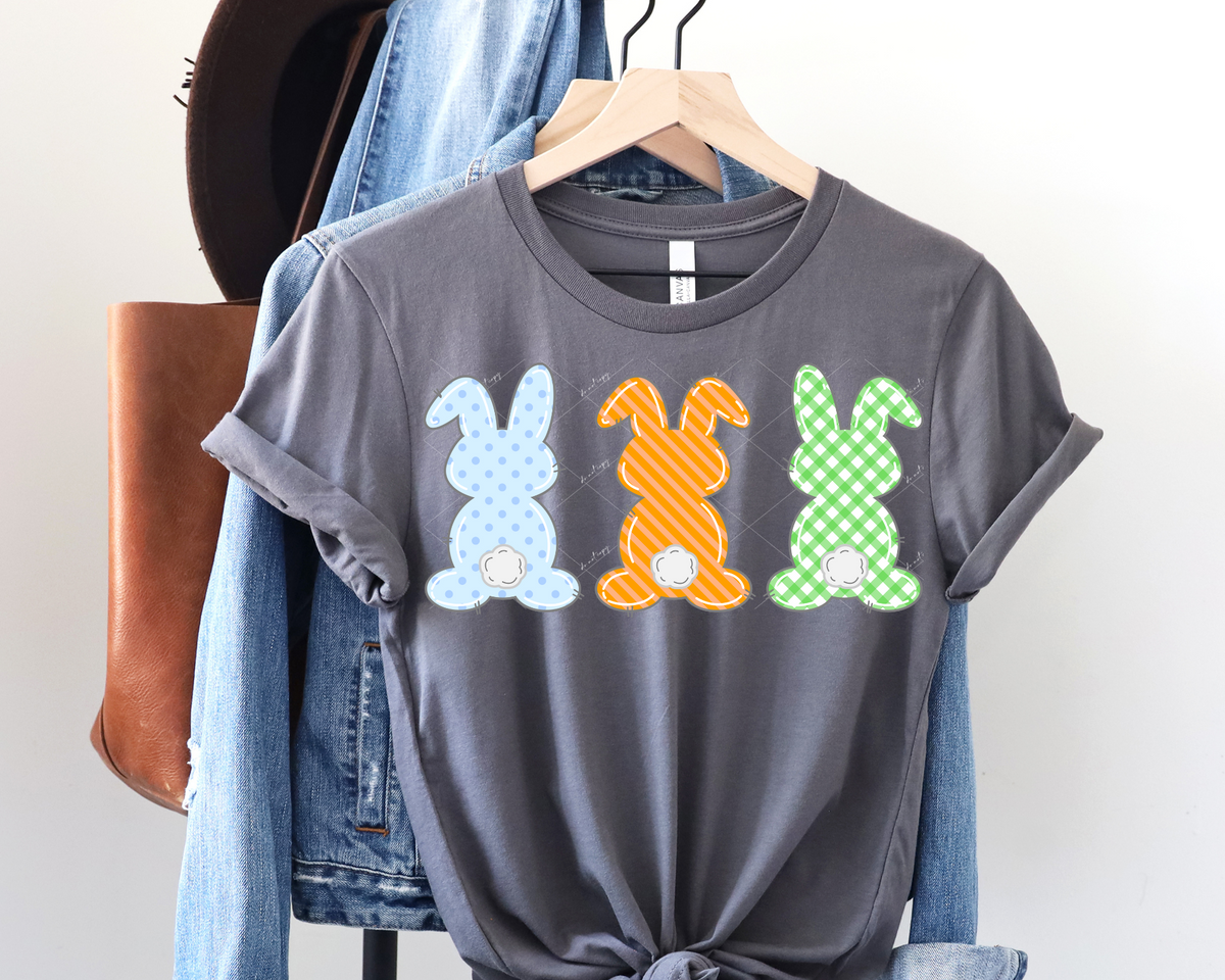 3 bunny backs with blue polka dots, orange stripes, green plaid 1261 DTF TRANSFER