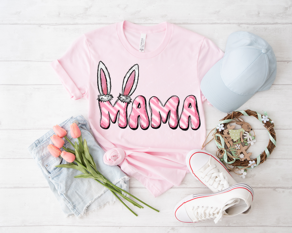Mama Pink with Bunny Ears (pink stripped, 70's vibe lettering with bunny ears) 1956 DTF TRANSFER
