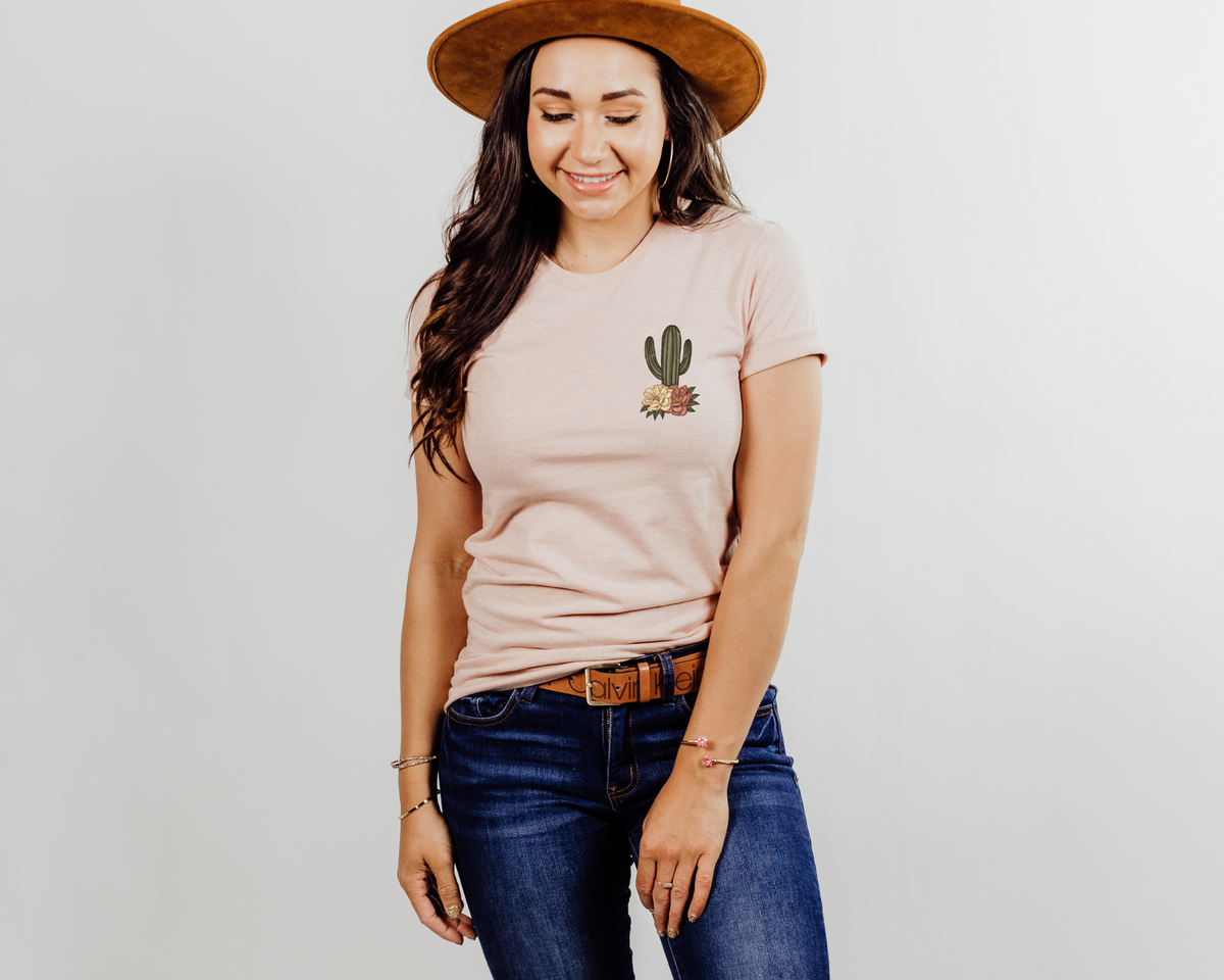 Pocket Cactus with two flowers, coral and cream colors 8853 DTF Transfer