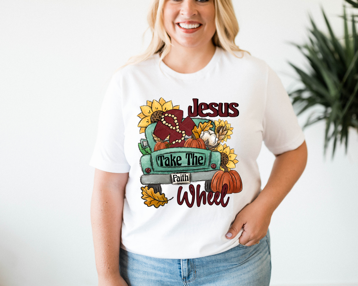 Jesus Take The Wheel Green Truck Pumpkins (Red Black Font) 112495 DTF TRANSFER