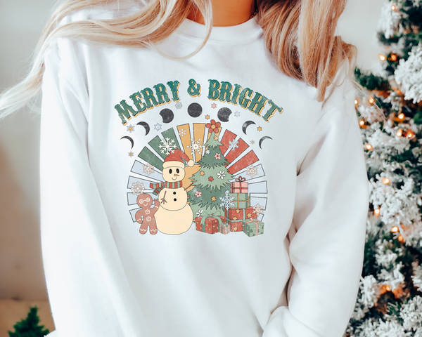 Merry And Bright Retro Snowman Christmas Tree Moon (Green Yellow Font) DTF TRANSFER