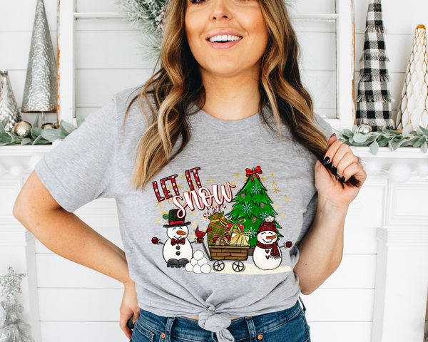 Let it Snow Snowman Christmas Tree scene (Red White Font) 1069 DTF TRANSFER