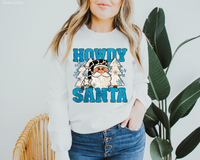 Howdy Santa Santa Cow Print Hat White Christmas Trees (Blue Font) 5126 DTF TRANSFER