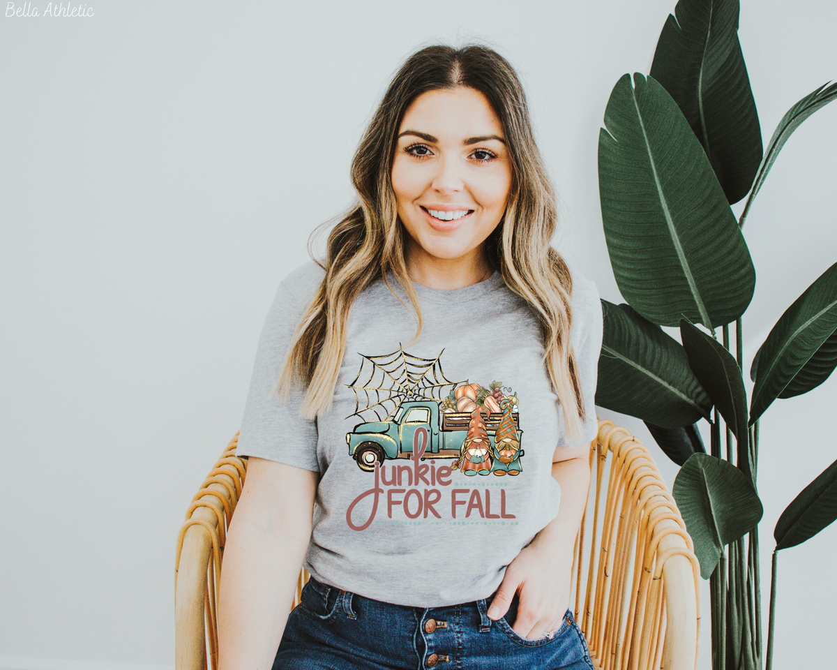 Junkie For Fall Teal Truck Gnomes Spiderweb (Red Font) 112494 DTF TRANSFER