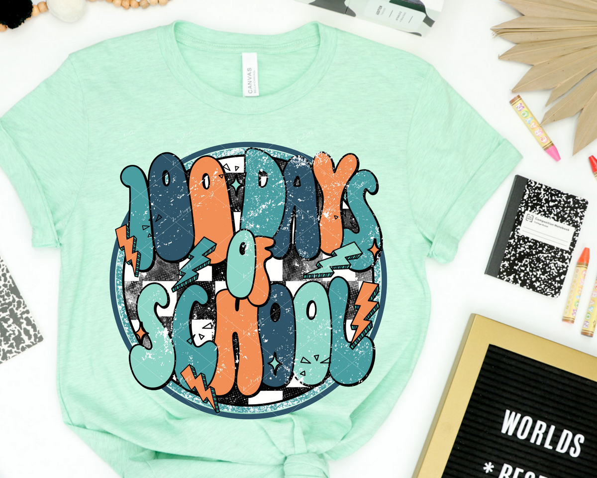 100 Days Of School (blues and orange colors, 70's vibe distressed lettering) 1926 DTF TRANSFER