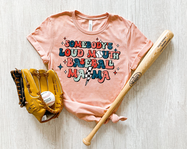Somebody's Loud Mouth Baseball Mama (racing checkers lightning bolt, baseball, 70's vibe lettering, red, teal, sage green) 8904 DTF Transfer