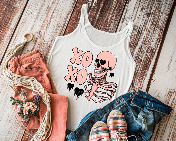 XOXO (pink skeleton bust with black heart eyes, black hearts dripping) 1916 DTF TRANSFER