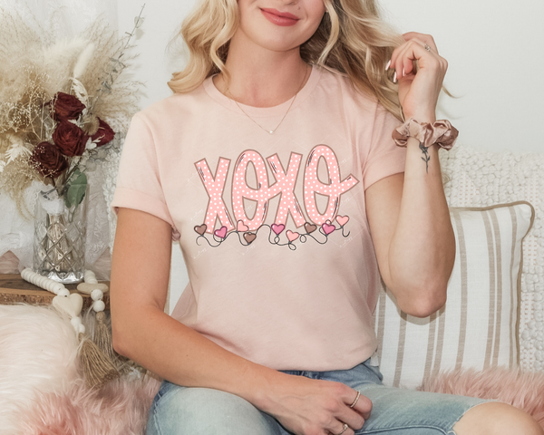 XOXO (pinks, tans, dark pink hearts banner, lettering filled with pink/white polka dot) 1918 DTF TRANSFER