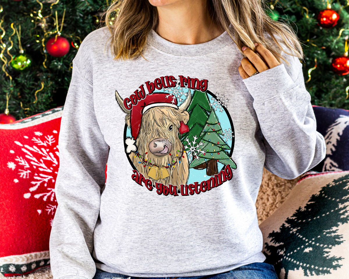 Cow Bells Ring And You Listening Christmas Trees Cow with Santa Hat (Red Writing) 280 DTF TRANSFER