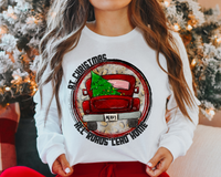 At Christmas All Roads Lead Home Red Truck Christmas Tree (Black Writing) 8679 DTF TRANSFER