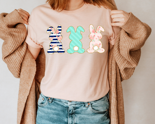 3 bunny backs with navy blue stripes with floral, mint green stripes, coral floral 1262 DTF TRANSFER