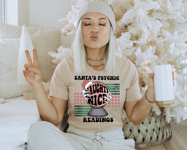 Santa's psychic naughty nice readings (crystal ball, light pink and green) 1816 DTF TRANSFER