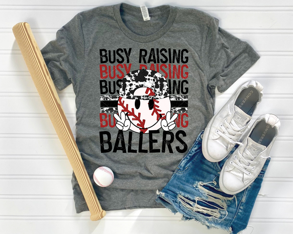 Busy Raising Ballers (baseball, cow print cap, black and red block distressed lettering) 9040 DTF TRANSFER