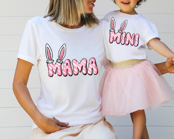Mama Pink with Bunny Ears (pink stripped, 70's vibe lettering with bunny ears) 1956 DTF TRANSFER