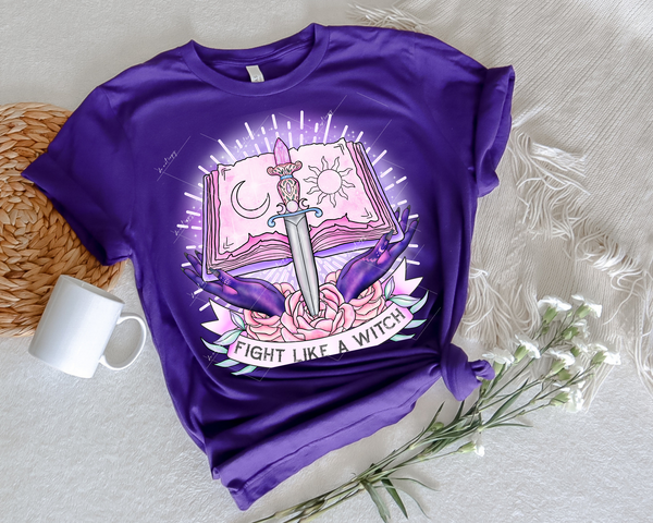 Fight Like A Witch (book, moon, sun, dagger, hands, roses, pinks, and purple colors) 1423 DTF TRANSFER