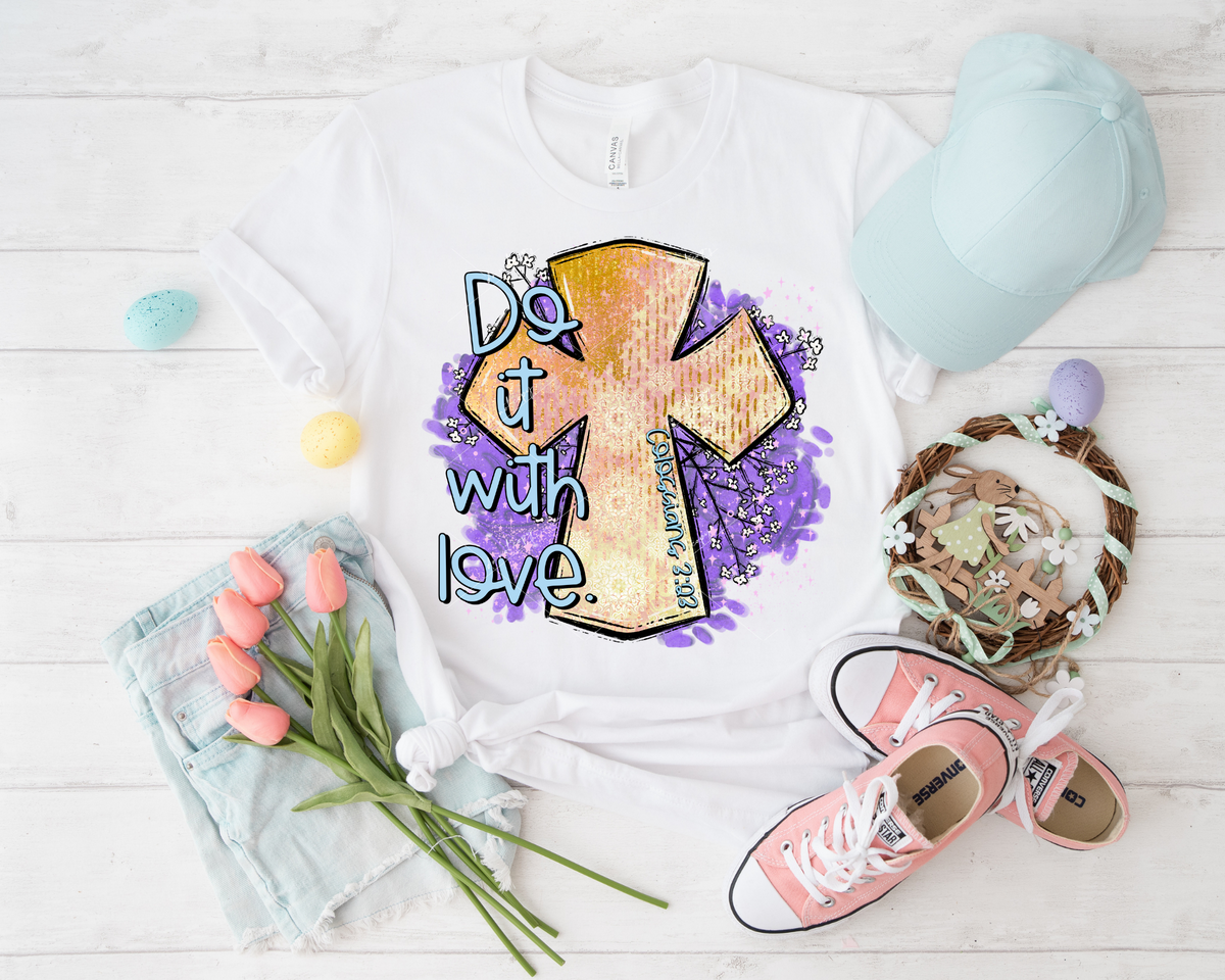 Do It With Love. (gold cross, purple background, light blue lettering) 8922 DTF Transfer