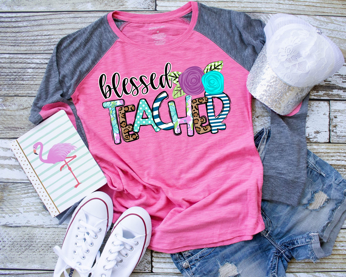 Blessed Teacher Purple Turquoise with flowers 232 DTF TRANSFER