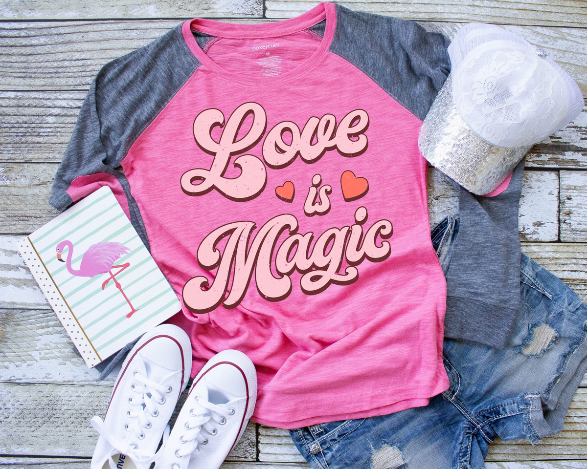 Love Is Magic Red Hearts Pink Font 299 DTF TRANSFER