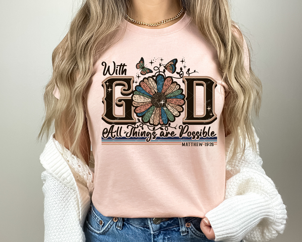 With God all things are possible (large daisy, striped, earthy tone colors, butterflies, dark lettering) 1280 DTF TRANSFER