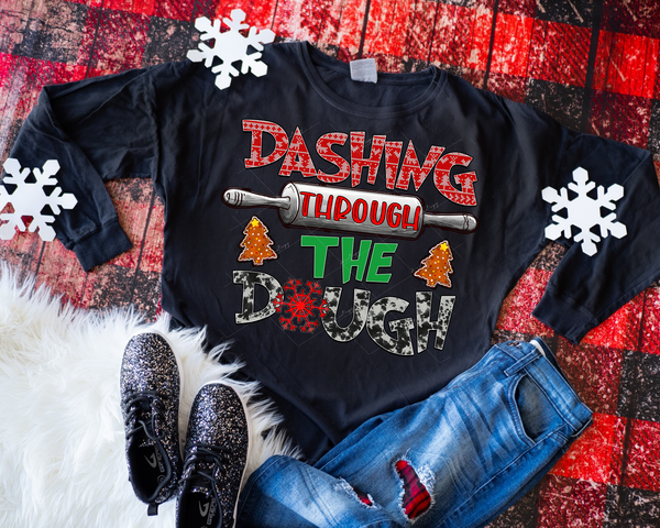 Dashing Through The Dough (rolling pin, tree cookies, block lettering with red & white fill, black & white cow print fill, red snowflake) 1321 DTF TRANSFER