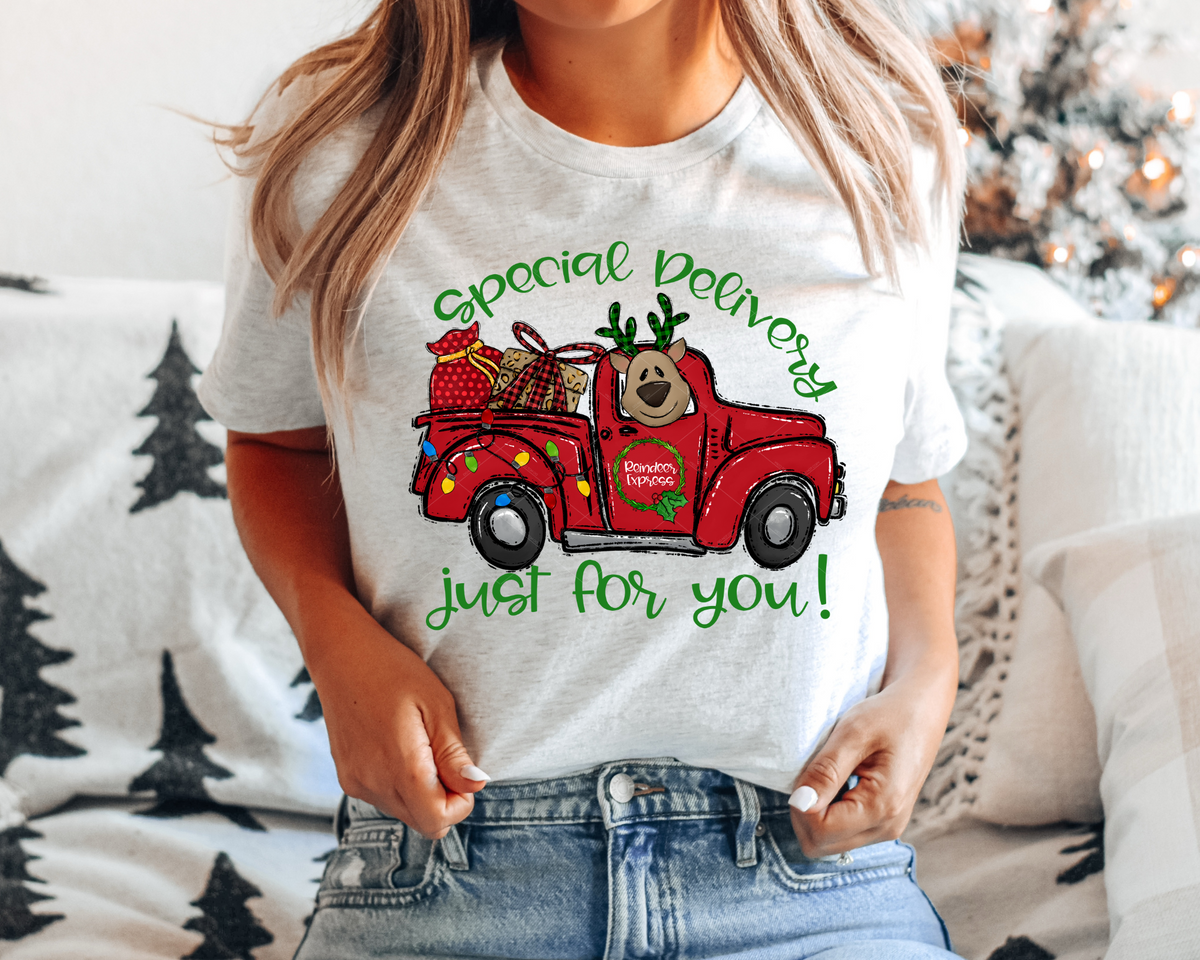 Special Delivery Just For You Red Truck Reindeer (Green Font) 112538 DTF TRANSFER