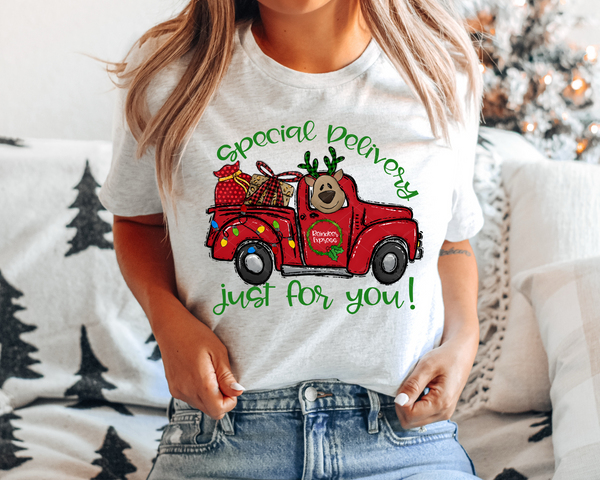 Special Delivery Just For You Red Truck Reindeer (Green Font) DTF TRANSFER