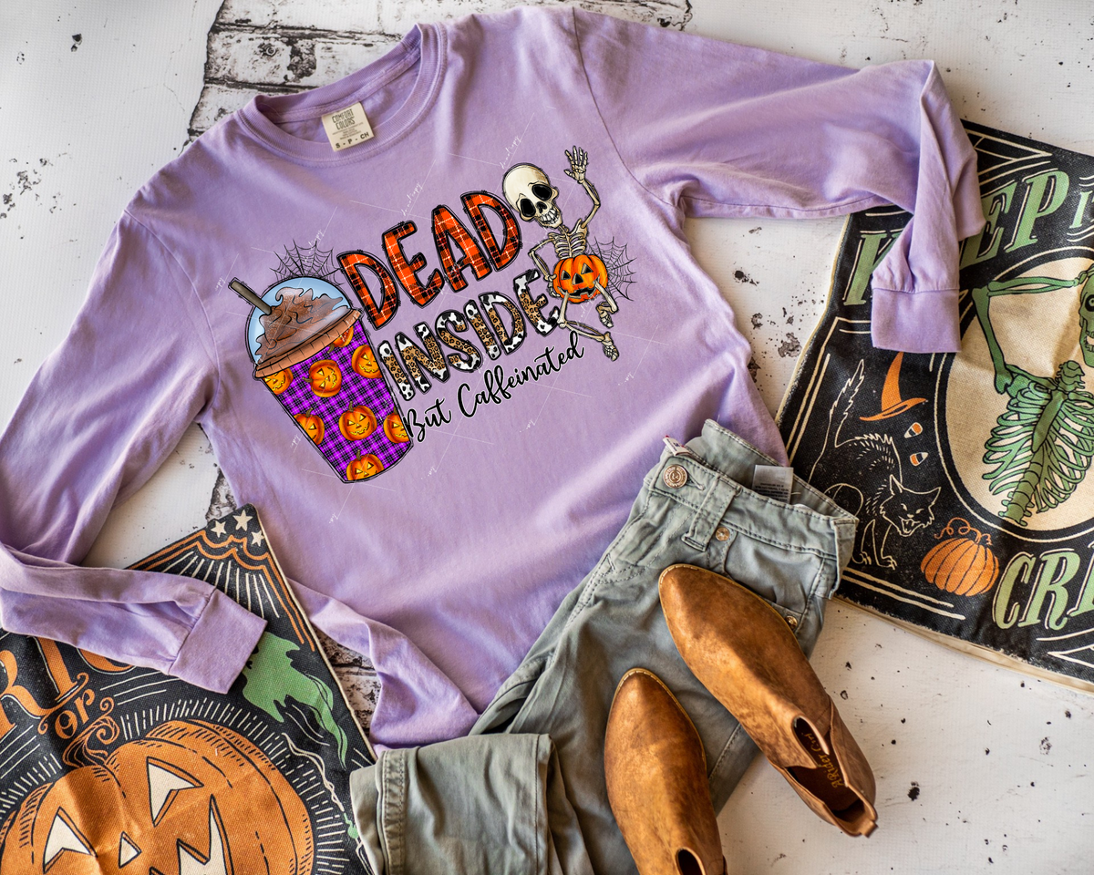 Dead Inside But Caffeinated (Halloween coffee cup, skeleton, pumpkin, webs, rounded lettering filled with orange and black plaid, leopard with cow print) 1322 DTF TRANSFER