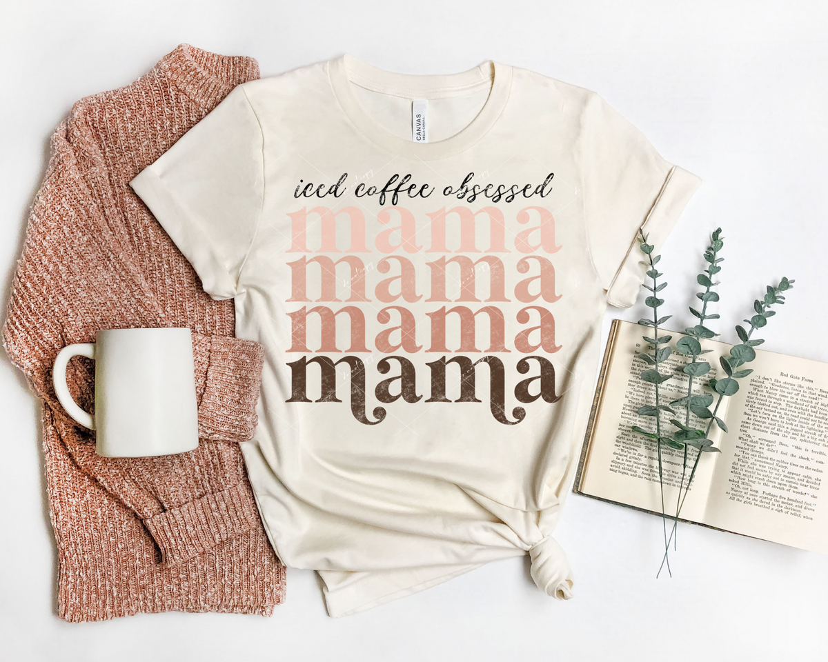 Iced Coffee Obsessed Mama (4x mama, ombre light coral to brown 70's vibe lettering, black handwriting) 8855 DTF Transfer
