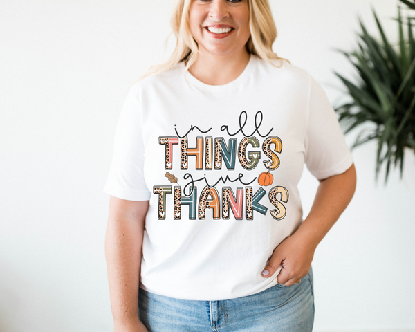 In All Things Give Thanks Leopard and Multi Color Writing BOHO 107 DTF TRANSFER