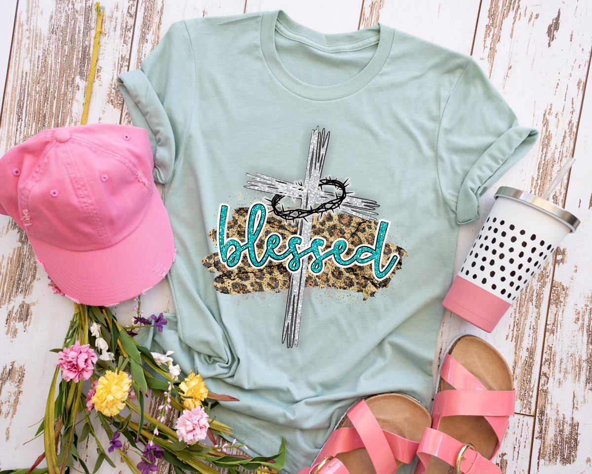 Blessed Leopard Background Silver Cross Blue writing 233 DTF TRANSFER