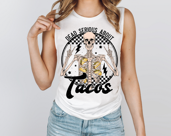 Dead Serious About Tacos (skeleton filled with tacos, black & white checker, lightning bolts) 9040 DTF TRANSFER