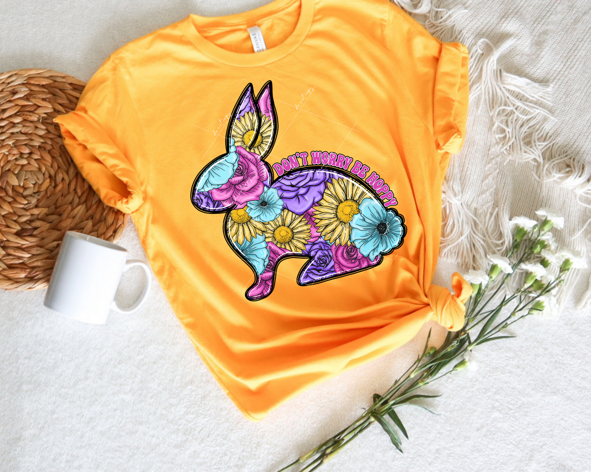 Don't Worry Be Hoppy (bunny outline filled with bright color flowers) 8925 DTF Transfer
