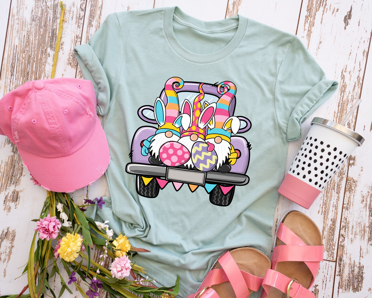 3 Gnome's Easter Bunny Purple Truck No Font DTF TRANSFER